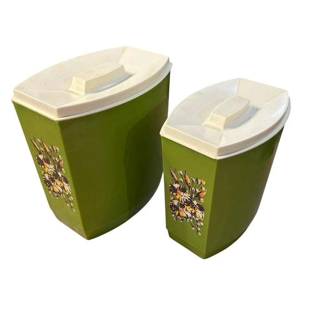 Vintage Mod‎ Avocado Green Canister Set 1970s Retro Floral Kitchen Decor